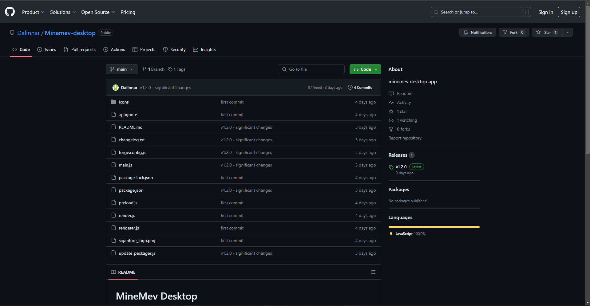 Minemev desktop GitHub view